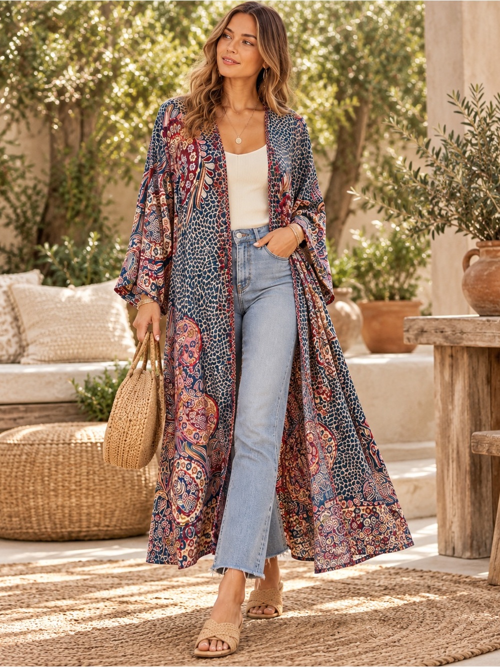 Raj Embroidered Paisley Maxi Duster Kimono O/S NWT